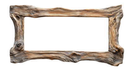 Rustic wooden frame creating empty rectangular space on transparent background