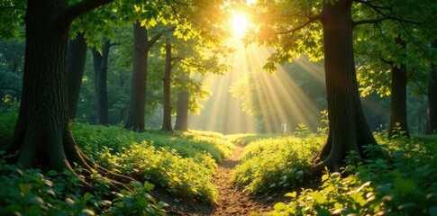 Obraz premium A serene forest glade bathed in warm sunlight, greenery, warm sunlight, woodland ambiance