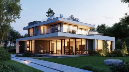 Obraz premium Modern luxury house at dusk.
