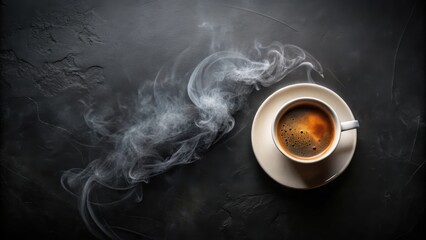 A steaming cup of coffee with a swirling smoke trail on a dark textured background.