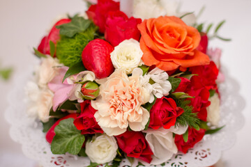  Beautiful wedding bouquet of different flowers, roses and peonies