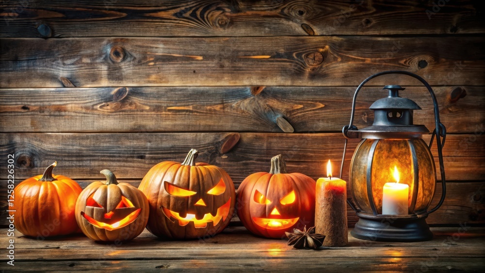 Poster A row of carved jack-o-lanterns glowing with candlelight, illuminated by a lantern on a rustic wooden background.