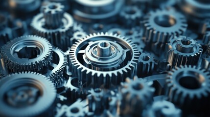 A close-up view of intricate metal gears interlocked in a mechanical assembly, showcasing details of engineering and manufacturing precision.