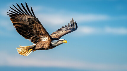 Obraz premium Majestic eagle soaring gracefully through a clear blue sky.