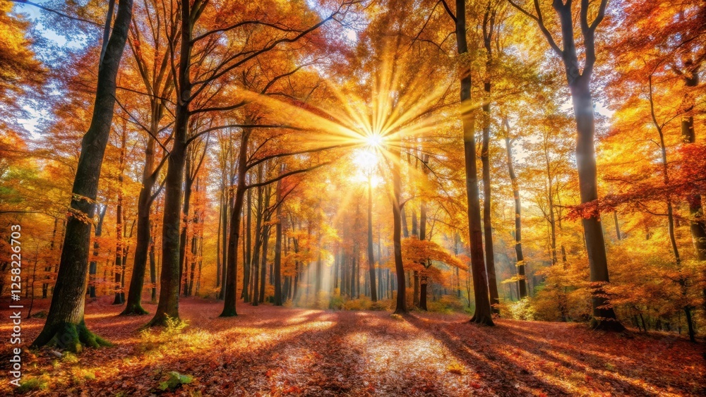 Poster autumn forest bathed in golden sunlight, illuminating a path through the trees