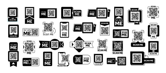 Scan me sticker frames. QR code labels, banners and badges templates for marketing and promotional materials. Scannable code tags isolated vector set.
