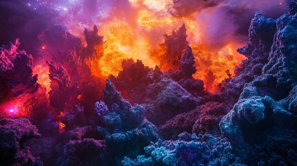 Fiery alien landscape, nebula background, digital art, cosmic texture