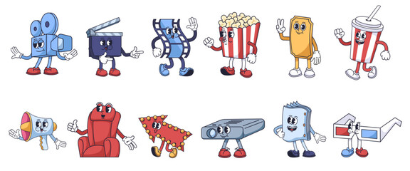 Groovy cartoon movie theater mascots. Film camera, clapperboard, filmstrip, cinema ticket, popcorn and soda cup, megaphone, chair, arrow, movie projector, script and 3D glasses characters vector set.