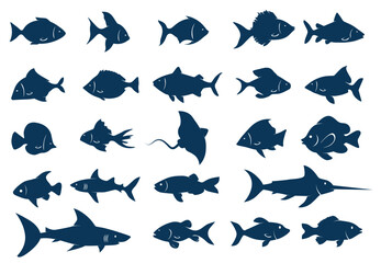 Stencil fishes. Ocean fish, sharks, batomorphi and tropical aquarium fish shape. Isolated underwater aquatic species silhouettes vector set.
