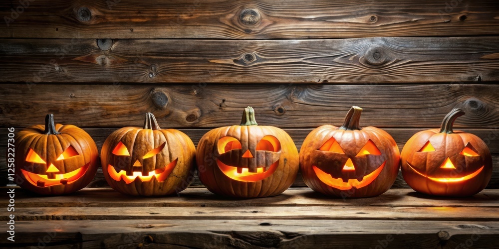 Aufkleber a row of carved pumpkins with glowing faces against a rustic wooden background, illuminated by a war