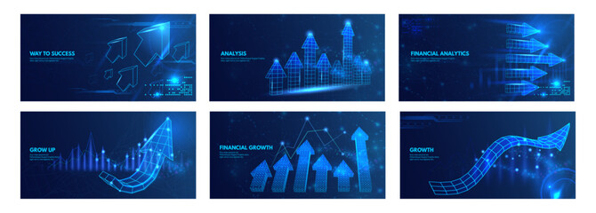 Wireframe 3d arrows charts. Business growth and financial success, futuristic technology analysis, investment profit or finance data. Stock market increase, uptrend indicators vector set.