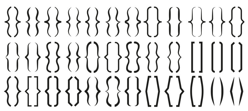 Text brackets. Curly bracket icons, typography braces pairs for quotation frame banners and quote box designs. Texting borders isolated vector symbols set.