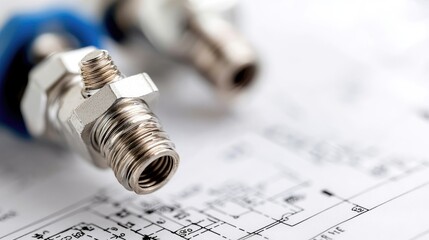 Metal pneumatic fittings on technical drawing