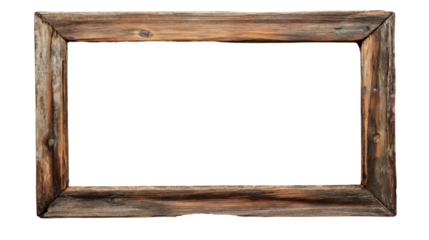 Old, weathered, cracked wooden picture frame with transparent background, creating a rustic and vintage feel