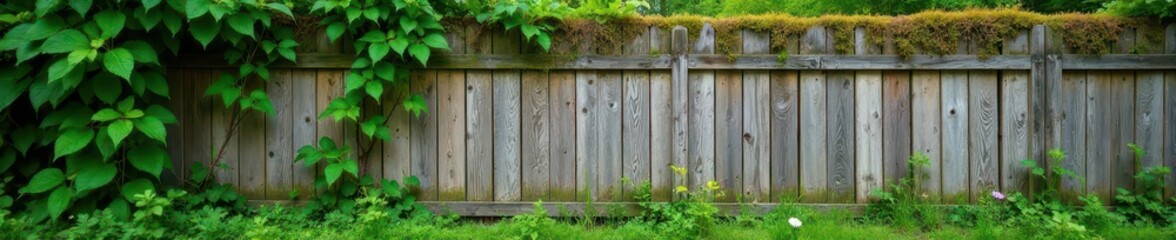 Weathered wooden fence with overgrown vines and moss ,  decayed,  aged