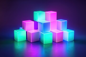 Fototapeta premium Blue, green, and pink neon cubes glow softly, floating in a symmetric arrangement against a dark backdrop.
