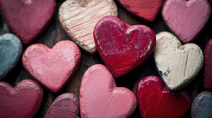 Obraz premium A colorful arrangement of handcrafted wooden hearts in various shades, symbolizing love and affection, perfect for celebrations and romantic themes.