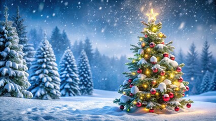 Fototapeta premium A Single Christmas Tree Stands Proudly in a Snowy Forest, Adorned with Lights and Ornaments, Under a Falling Snow, Illuminated by a Star