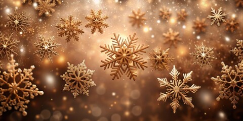 Golden Snowflakes Glisten and Shimmer against a Blurred Background of Warm Lights and Sparkling Dust