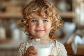 A curly-haired child with blue eyes enjoys a glass of milk while relaxing indoors in a cozy, warm environment in daylight.
