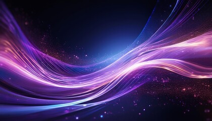 Fototapeta premium dynamic purple light streaks forming a wave pattern against a dark background, sparkling particles resembling stars