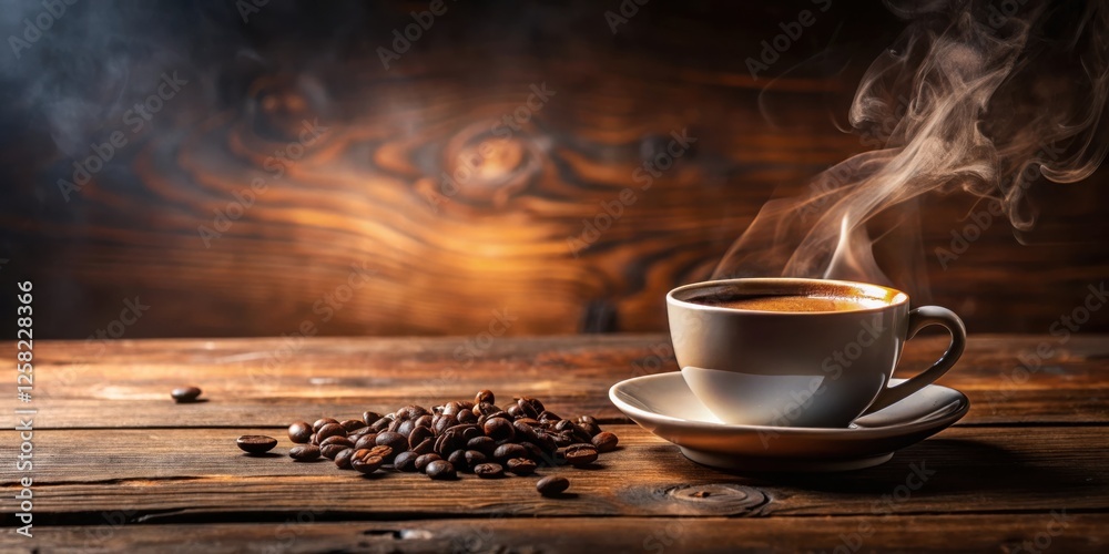 Poster A steaming cup of coffee on a rustic wooden surface, surrounded by scattered coffee beans, creating a warm and inviting atmosphere.