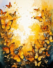 Yellow Butterflies in Watercolor Splash &ndash; Vibrant, abstract butterfly wings all around with empty copy space in the middle