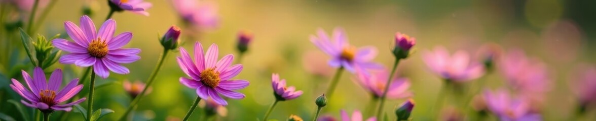 Obraz premium Delicate pink and purple cape marguerite flowers blooming in a lush meadow, macro, closeup