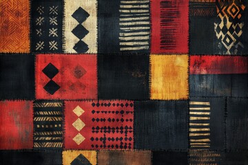 Beautiful textile collage showcasing traditional patterns in warm colors and various textures