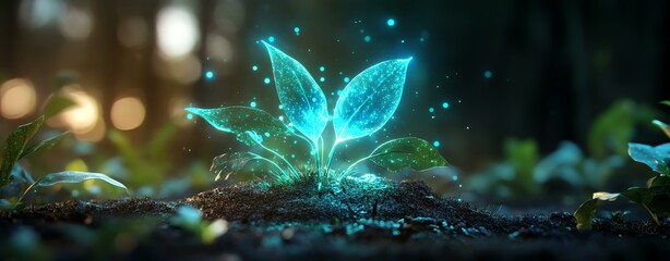 Glowing plant sprouting in enchanted forest soil.