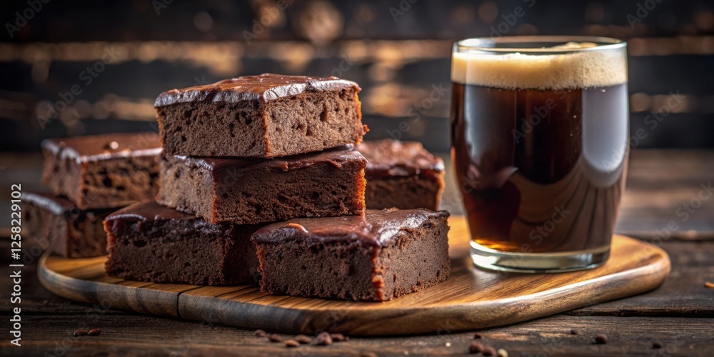 Poster a stack of rich, fudgy brownies with a smooth chocolate glaze, accompanied by a glass of dark, froth