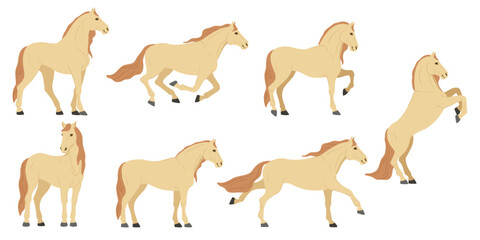 Cartoon horse. Prancing stallion, steed run gallop and graceful equine poses. Elegant beige horses equestrian farm animal vector illustration isolated set.