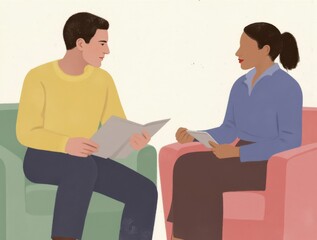 Obraz premium Meeting of two individuals, seated facing each other, possibly discussing documents or plans in a