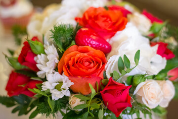 wedding bouquet of roses and other flowers, close up