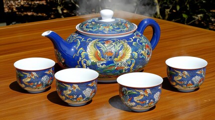 Elegant Chinese Teapot with Steaming Cups on Wooden Table Surface