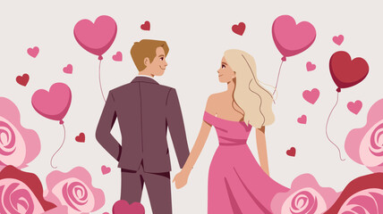 A couple holding hands, surrounded by heart-shaped balloons and rose petals