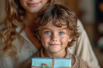 Mother day, Mom and son are happy,giving a gift