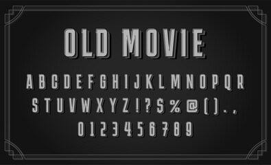 Classic silent film typeface. Old movie font, noir cinema alphabet letters with 3D extrude effect. Intertitle typography for vintage cinematic monochrome titles vector set.
