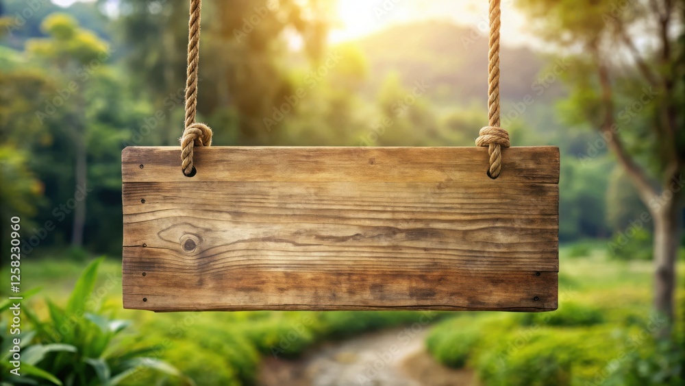 Poster rustic wooden sign hanging from rope with a blurry green background of a forest path