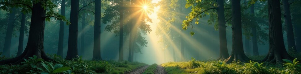 Misty forest with tall trees and sunlight filtering through, nature, serene landscape