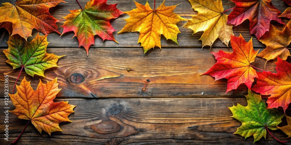 Poster autumn leaves arranged around rustic wood with space for text