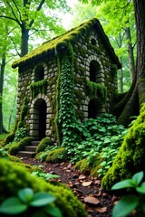 Overgrown moss and vines covering a stone building in the forest, nature, natural growth