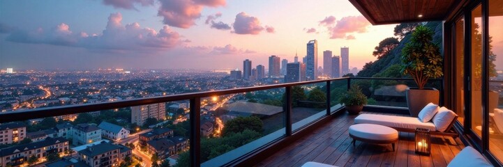 Obraz premium Contemporary apartment balcony with cityscape, luxurious living, modern apartments