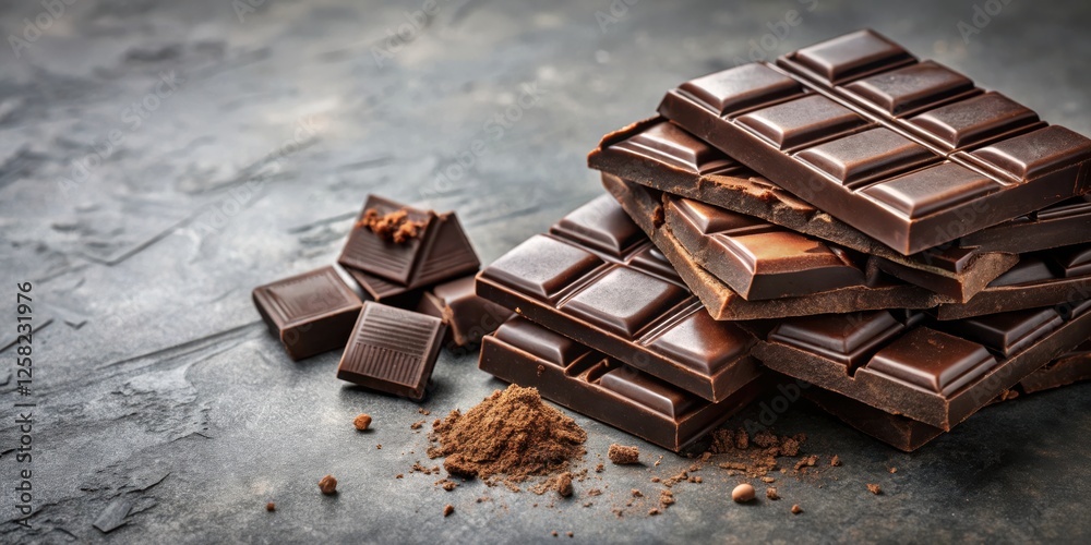 Poster A Close Up of a Stack of Dark Chocolate Bars with Cocoa Powder on a Gray Background