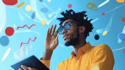 A startup founder pitching to venture capitalists, holographic graphs rising from a tablet, sweat on their brow