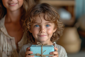 Mother day, Mom and son are happy,giving a gift
