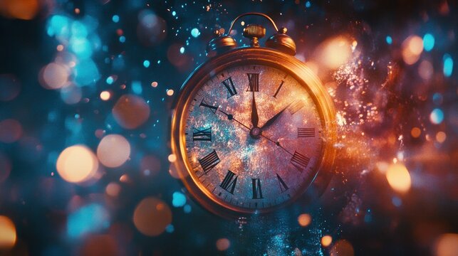 Vintage alarm clock exploding with colorful sparks.