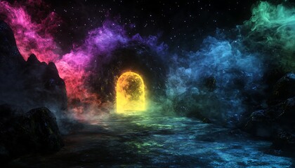 Repeat the twelfth prompt, featuring a 3D-rendered cosmic landscape with neon lights and a glowing tunnel portal enveloped in smoke.