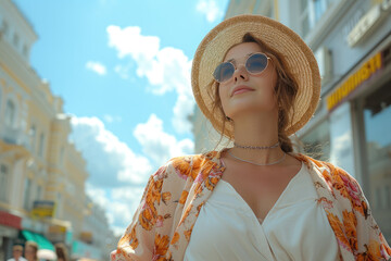 A female traveler. The concept of traveling alone, a self-sufficient woman walks through the summer streets of the city. The image of a tourist, glasses and hat