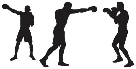 Three Boxer Silhouettes in Fighting Stance. Isolated On Transparent Background.